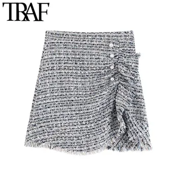 TRAF Ženy Vintage Štýlový Pearl Tlačidlá Volánikmi Tweed Mini Sukne Módne Strane Zips Nepravidelný Ženské Sukne, Elegantné Faldas Mujer