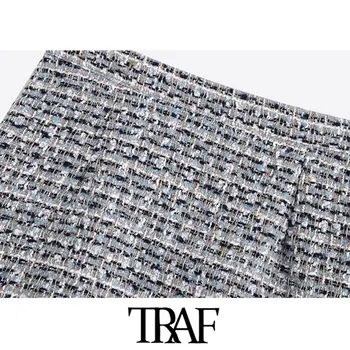 TRAF Ženy Vintage Štýlový Pearl Tlačidlá Volánikmi Tweed Mini Sukne Módne Strane Zips Nepravidelný Ženské Sukne, Elegantné Faldas Mujer
