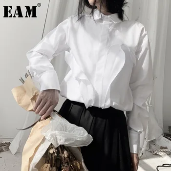 [EAM] Ženy Biela Split Spoločné Veľké rozmery, Blúzky, Nové Klope Dlhý Rukáv Voľné Nosenie Tričko Fashion Príliv Jar Jeseň 2021 19A-a554