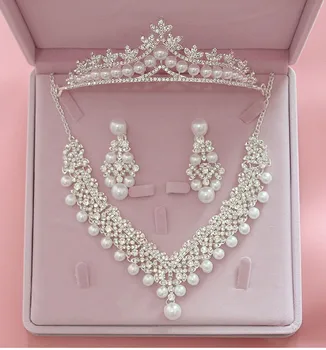 Nádherné Perly Svadobné Svadobné Šperky Sady Ženy Nevesta Svadobné Party Príslušenstvo Šperky Crystal Tiara Koruny Náušnice Náhrdelník