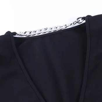 Ramenný Pásik Nadrozmerné T Shirt Elegantné Reťazca Backless Black Topy Ženy Dlhý Rukáv Jeseň 2020 Dámy Bežné Obyčajný Farebné Tričká