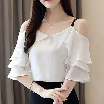 Kórejský Módne Oblečenie 2021 Pozdĺžne Pevné Rozstrapatené Šifón Krátke Motýľ Rukáv Dámske Topy Biele Tričko Blusas Žena 4079 50