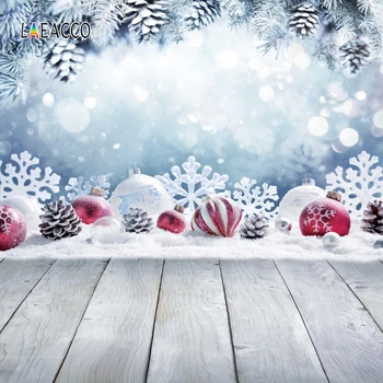 Laeacco Zimné Pozadia Vianočné Gule Borovicové Šišky Snowflake Svetlo Bokeh Drevené Podlahy Fotografie Prostredí Dieťa Photophone