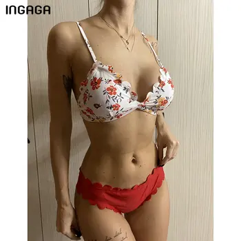INGAGA Vrúbkovaným Bikín, Plavky, Plavky Ženy 2021 Kvetinový Tlač plavky Červená Biquini Sexy Popruh Plaviek Bikiny Nastaviť
