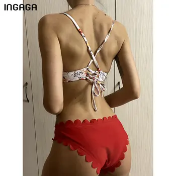 INGAGA Vrúbkovaným Bikín, Plavky, Plavky Ženy 2021 Kvetinový Tlač plavky Červená Biquini Sexy Popruh Plaviek Bikiny Nastaviť