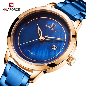 NAVIFORCE Modrý Kremeň Žena Hodinky Top Značky Luxusné náramkové hodinky dámske Módne Shell Dial Dátum Náramkové hodinky Lady Darček Hodiny