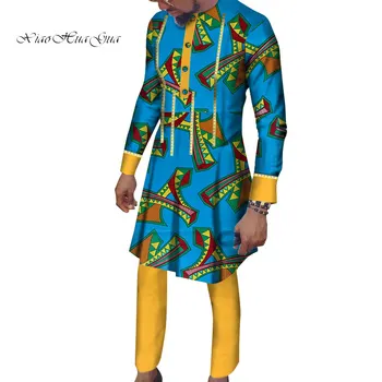 Afrických Mužov Oblečenie, Tričko s Dlhým Rukávom Košeľa a Nohavice Nastaviť Tradičné Africké Bazin Riche Tlač Topy, Šaty a Nohavice Wyn964