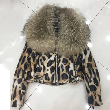 2019 ženy módne originálne ovčej kože krátka bunda s veľkým reálne mýval kožušiny golier kožené a kožušinové kabáty leopard farba