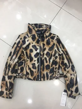 2019 ženy módne originálne ovčej kože krátka bunda s veľkým reálne mýval kožušiny golier kožené a kožušinové kabáty leopard farba