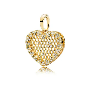 2020 Nové 925 Sterling Silver Gold Srdce Honeycomb Čipky Prívesok Fit pandora Kúzlo Náramok Náhrdelník Prívesok DIY Módne Šperky