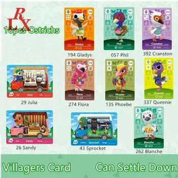 10pcs Ostrichs Animal Crossing Dedinčania Karty ACNH Blanche Cranston Gladys NFC Hry, Karty Ntag215 Značky NS Prepínač Wii U
